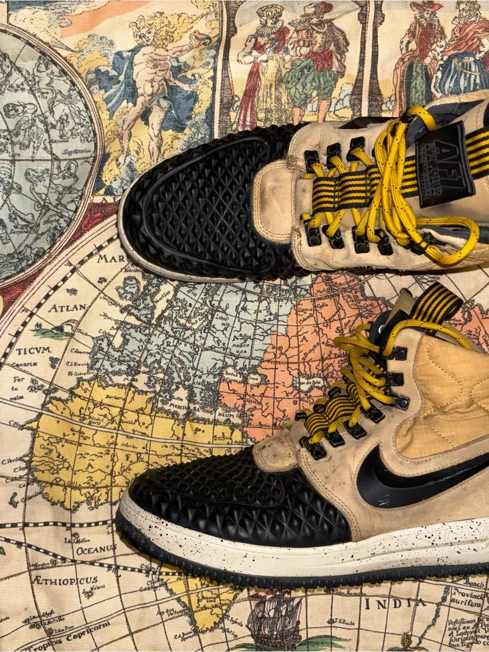 Men's Black and Tan High-Top Sneakers with Yellow Accents